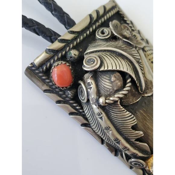 Navajo Turquoise Coral Faux Claw Bolo Tie - Picture 7 of 9